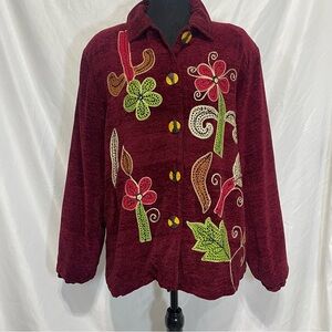 Alex Kim Embroidered Floral Burgundy Women's Top jacket. Large. Yellow black red